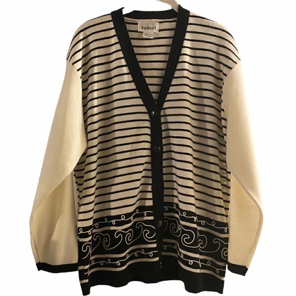 Rafael Cream Navy V-Neck Striped Cardigan Sweater Size L